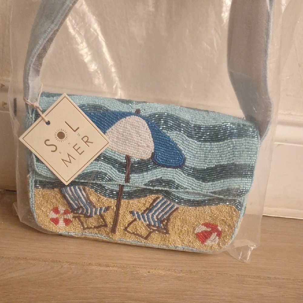 Blue Beaded Beach Scene Women's Bag